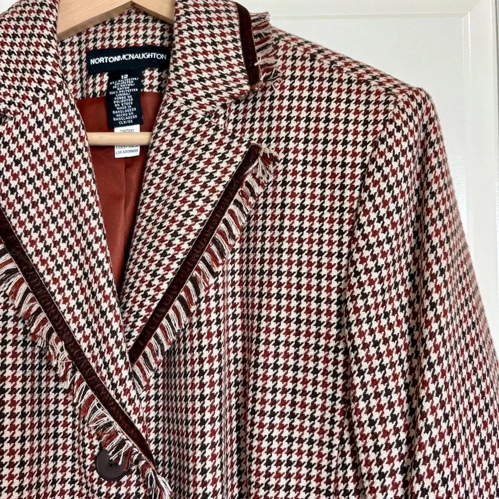 Vintage 90s Y2K Norton‎ McNaughton Houndstooth Brown Blazer Women's Sz 12 Fringe
